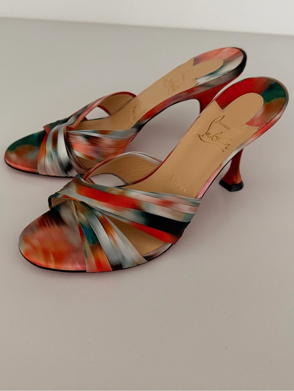 Christian Louboutin Multicolor Satin Twist Slide Mules with Red Sole - Picture 3 of 4